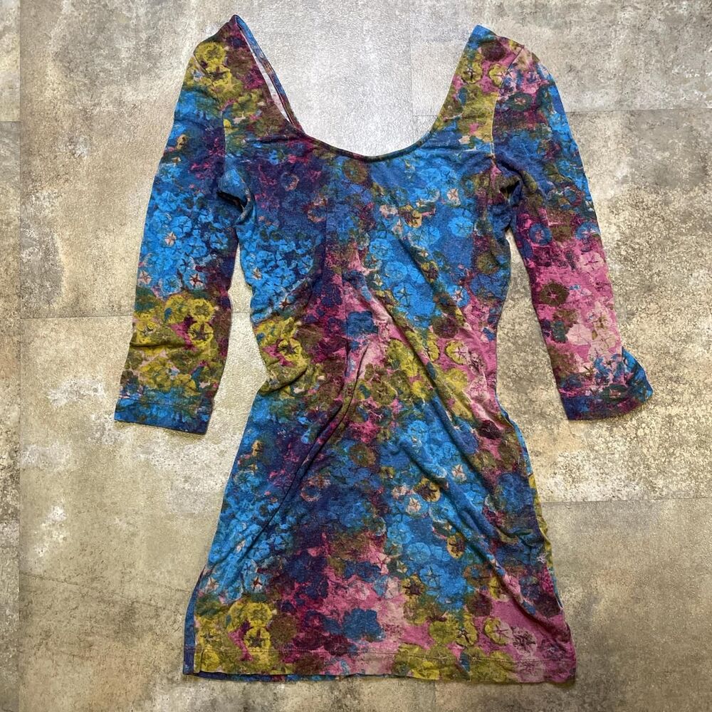 free people y2k turquoise and brown jersey mini dress scoop neck half sleeve
